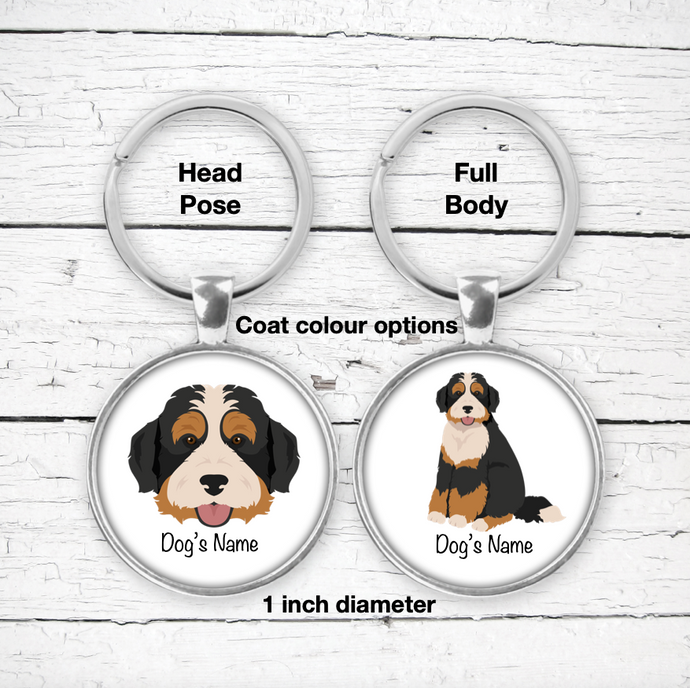 Bernedoodle (Bernese/Poodle mix) Bezel Keychain - personalized