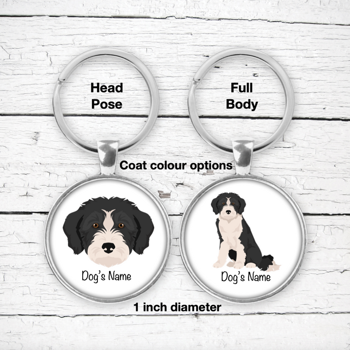 Bordoodle (Border Collie/Poodle mix) Bezel Keychain - personalized