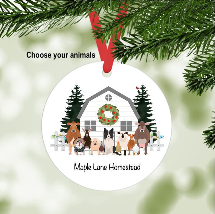 Farm Christmas Ornament (white barn without snow) personalized