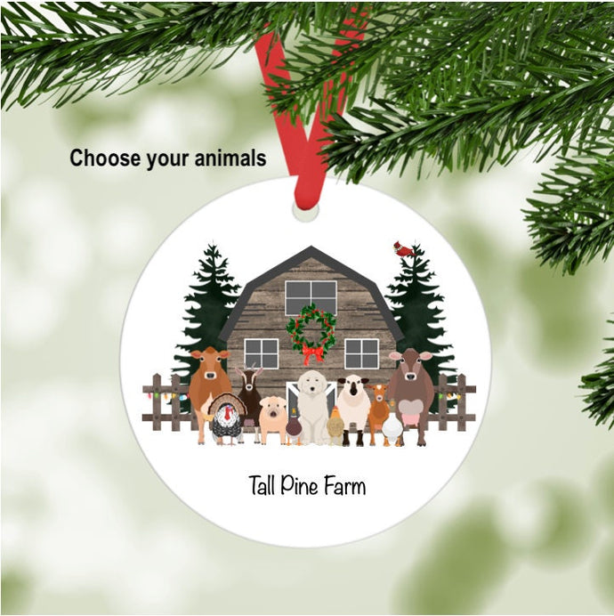 Farm Christmas Ornament (brown barn without snow) personalized