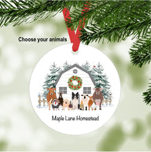 Load image into Gallery viewer, Farm Christmas Ornament (white barn with snow) personalized
