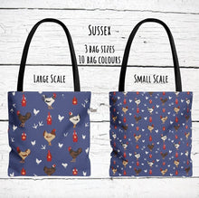 Load image into Gallery viewer, Sussex Chicken pattern tote bag - chicken tote bag - farm animal carry bag
