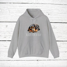 Load image into Gallery viewer, Black and Tan Coonhound &quot;Ready for a Nap&quot; Hooded Sweatshirt
